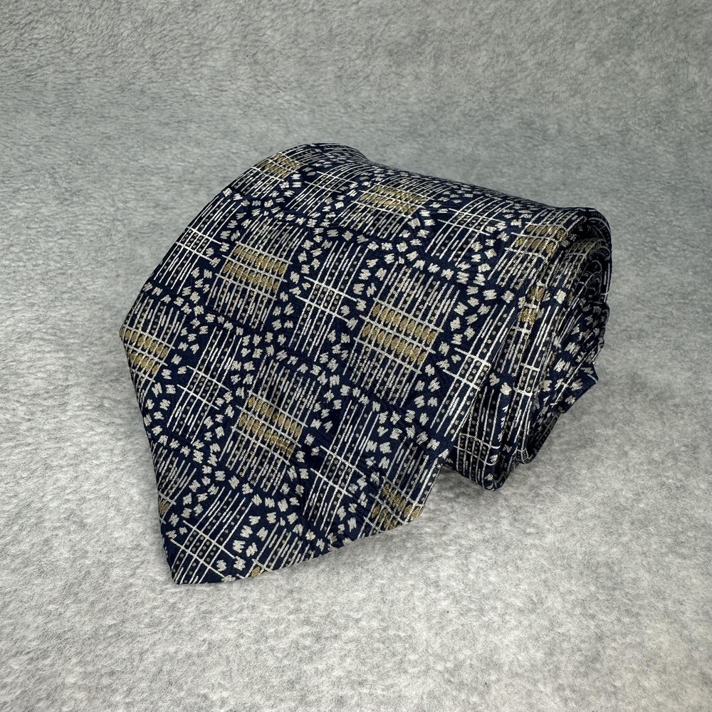 Oleg Cassini Tie Mens One Size Navy Gold Geometric Italian Fabric Made in USA